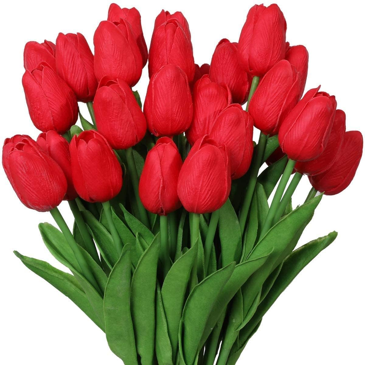 10 Pcs Artificial Tulip Flowers Bunches for Vase, Home Decoration Items, Table Top, Living Room Corner Wedding Party Decorative Gift Set (Without Vase) (Red)