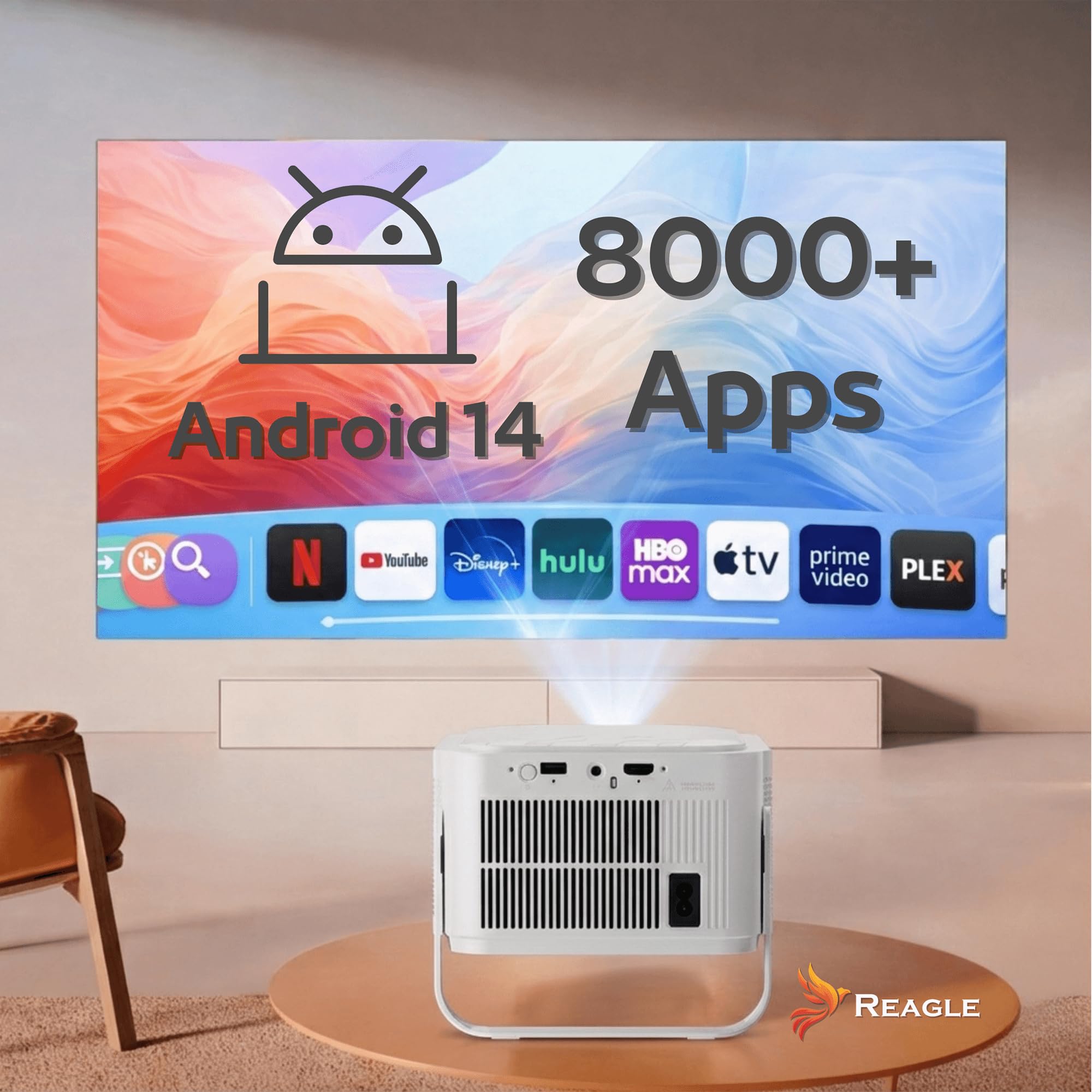 Reagle Proiettore LED 900 ANSI Full HD 1080p 8K Supporto 140", Android 14 Smart TV WiFi 6 Bluetooth Autofocus Keystone Automatico HDR10 Portatile Home Cinema