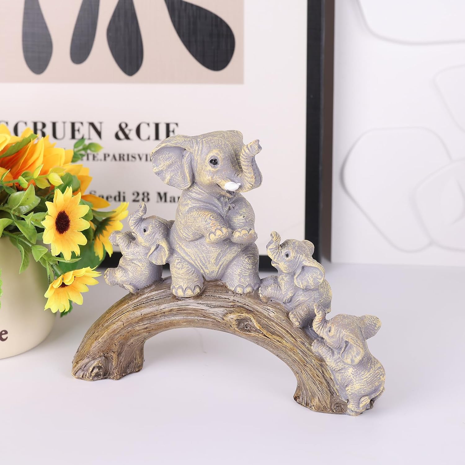 Gray 5.7-Inch One-Piece Resin Elephant Family Statue, Mom with 3 Babies image 2
