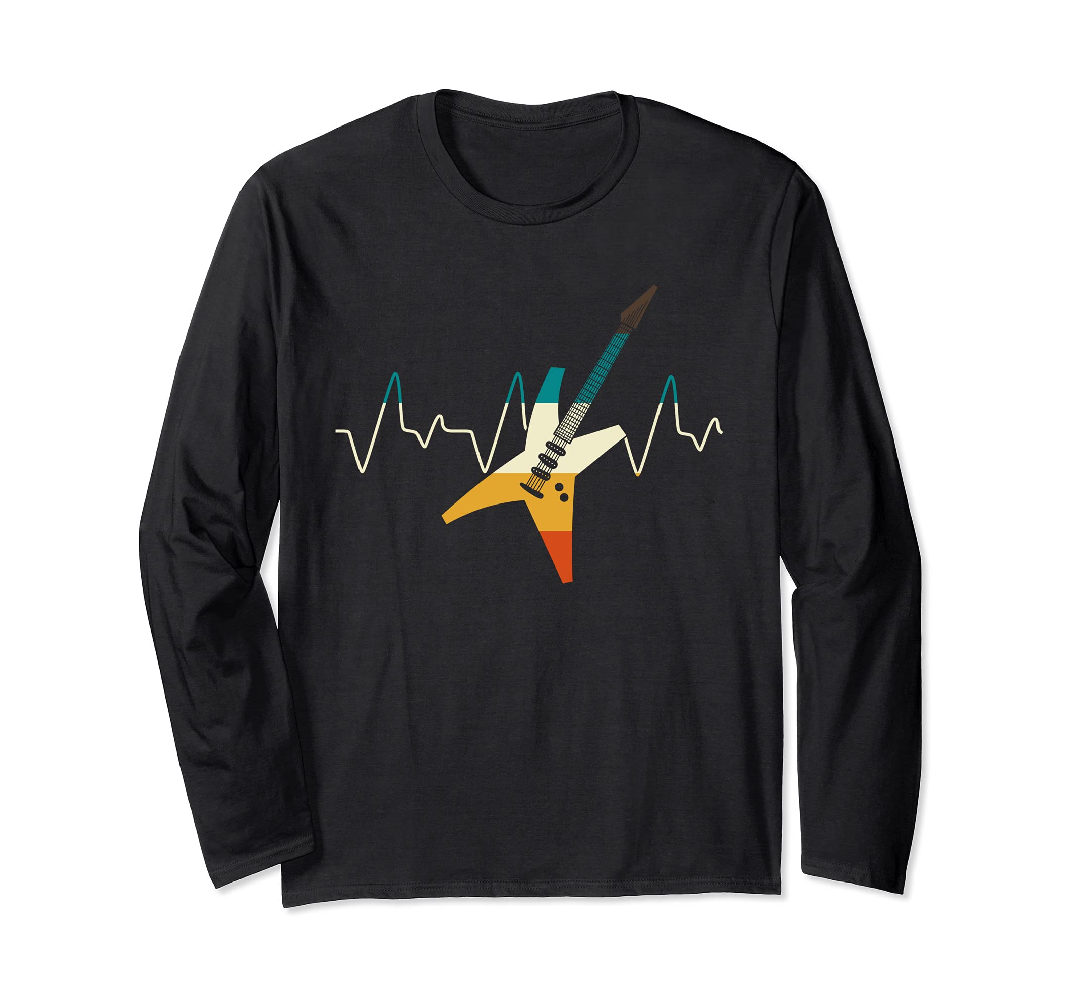 Guitarist Heartbeat Musician Electric Guitar Retro Guitar Long Sleeve T-Shirt, Black