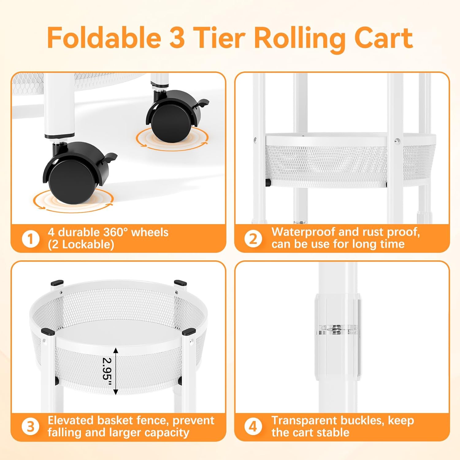 TOOLF 3-Tier Foldable Rolling Cart, Collapsible Metal Utility Cart with Wheels, No Assemble, Multifunction Storage Organizer Trolley for Kitchen, Bathroom, Dorm, Nursery, White