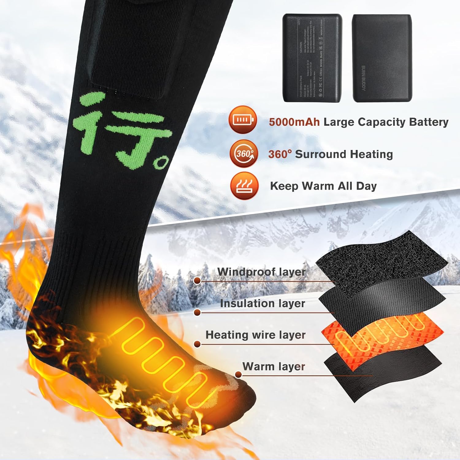 Heated Socks for Men Women, APP Control Electric Heated Socks Rechargeable Washable, Battery Heated Socks Foot Warmer Socks for Hiking Biking Camping Skiing Hunting Outdoor Work, Heating Thermal Socks - Image 3