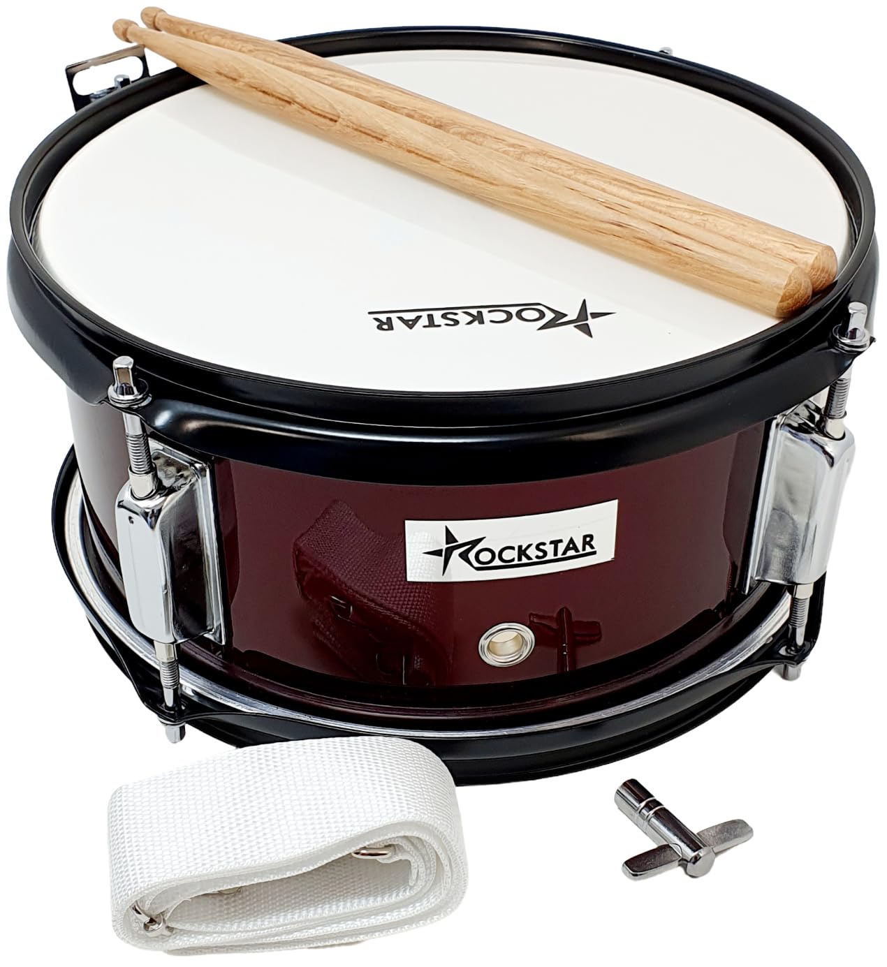 ROCKSTAR - Caja de Marcha en Madera Afinable JINBAO 1055WR-4054 Tambor Incluye Correa y Baquetas, Instrumento Musical de Percusión, Parche afinable y bordonero. 26cm Diametro y 13cm Altura