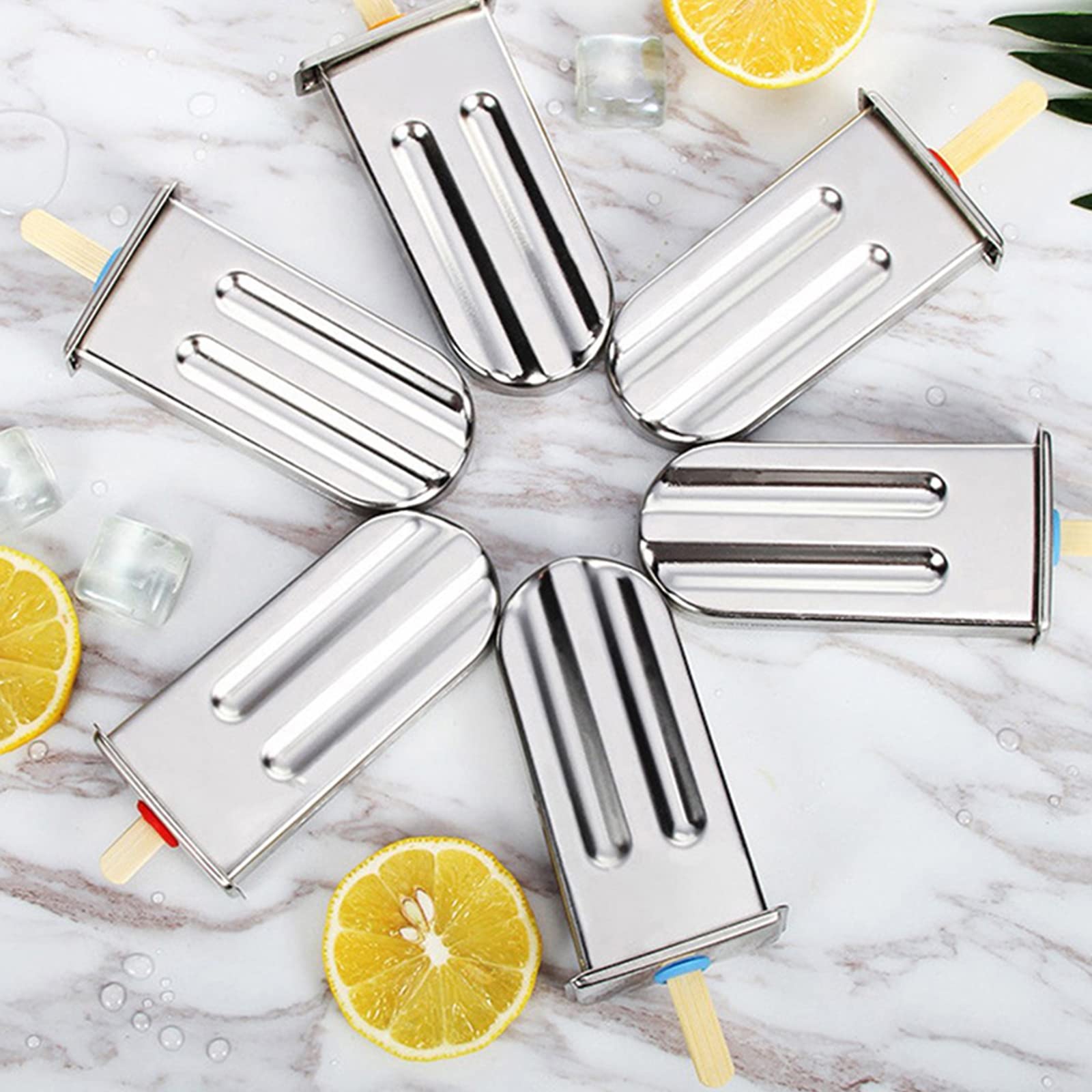 Molde para palitos de helado, 10 moldes para paletas de acero inoxidable, fabricantes comerciales de paletas de hielo con estante, 10 sellos de silicona, 100 palitos de bambú reutilizables, 20 bolsa