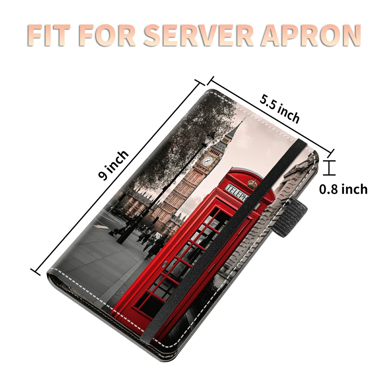 High Volume Server Books, Red Telephone Box in London Server Book w/ 2 Expandable Pockets 9 x 5 Cute Waitress Book Zipper Pocket & Strap Closure Waitstaff Organizer Server Booklet Waiter Money Wallet