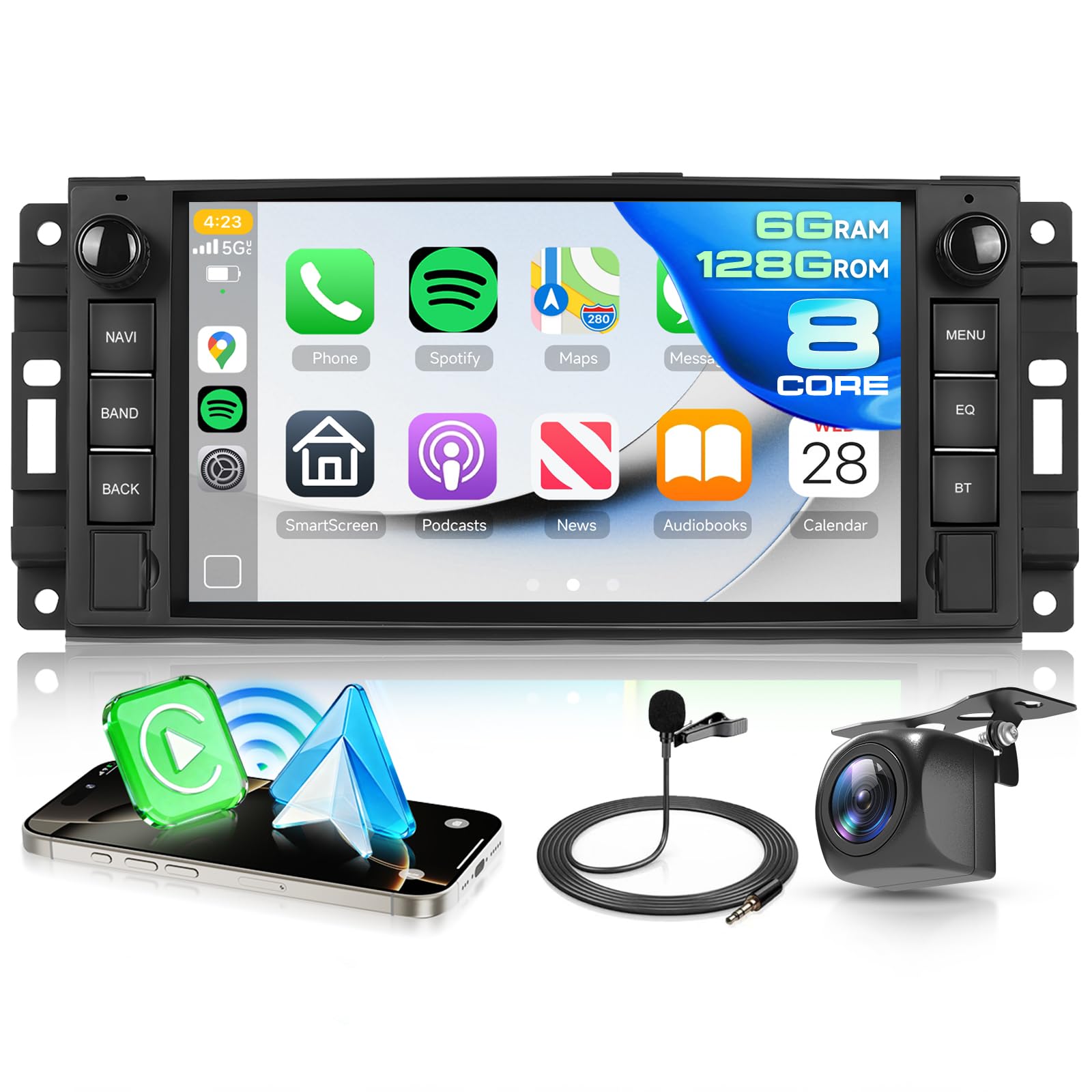 Hodozzy 6G+128GB 8-Core Android Radio para Jeep Compass Wrangler/Chevrolet/Chrysler/Dodge Carplay Android Auto Inalámbrico, 2 DIN Pantalla Táctil 7 Pulgadas Radio Coche Bluetooth GPS WiFi RDS Cámara