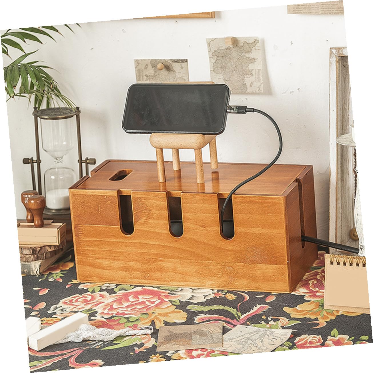 Caja Ocultador De Cables De Madera Sólida 12x5.5x5.3 Pulgadas para Oficina Hogar Aulas Seguridad Antidescargas