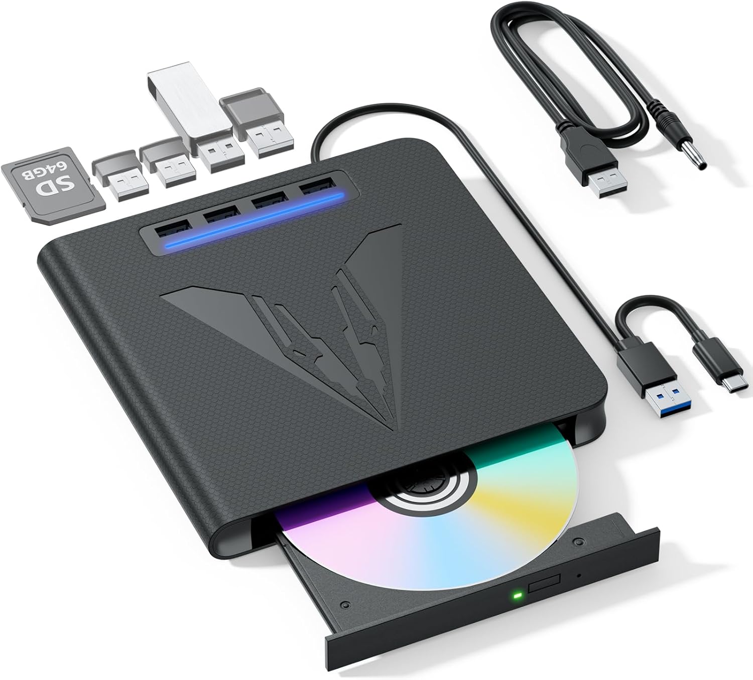 7 in 1 External Blu Ray Drive & Burner for PC Laptop, Portable Blu Ray/DVD/CD Burner with 100GB Disc Support, SD/TF Card Reader & USB 3.0 Hub for Windows MacOS Linux Desktop (7 in 1)