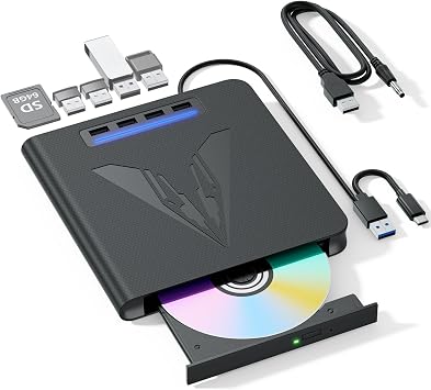 7 in 1 External Blu Ray Drive & Burner for PC Laptop, Portable Blu Ray/DVD/CD Burner with 100GB Disc Support, SD/TF Card Reader & USB 3.0 Hub for Windows MacOS Linux Desktop 7 in 1