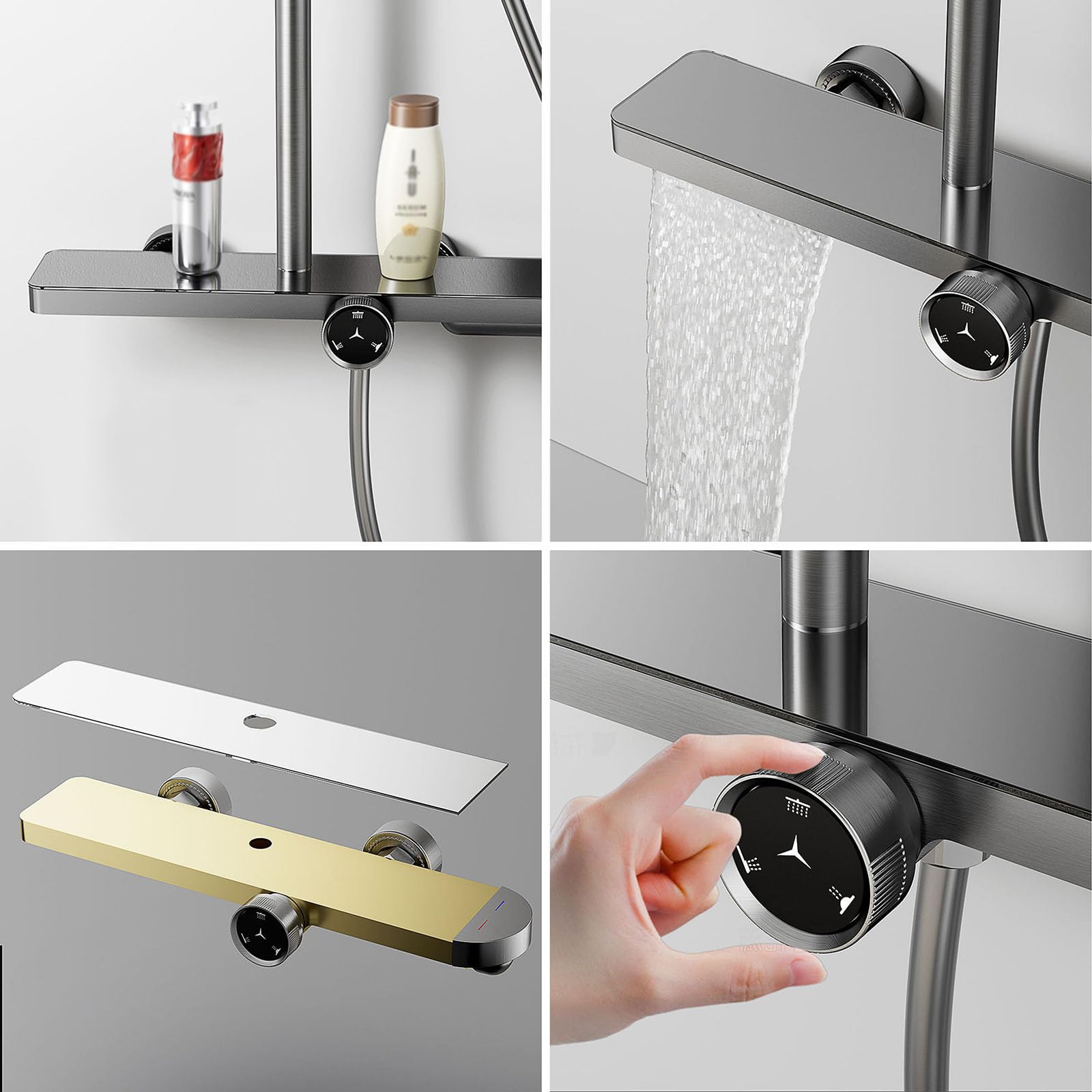 Colonna Doccia con Cascata e Soffione Doccia Rotondo Regolabile | Grigio Canna di Fucile Doccetta in Abs Kit Doccia a Muro Moderna Altezza Regolabile