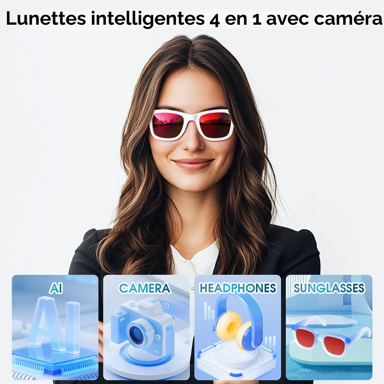 AI Smart Glasses 4K Caméra HD 290 mAh 800 W Lunettes de caméra avec Enregistrement vidéo, Traduction simultanée/Identification d'objet GPT, Verres de Protection UV400 Contre la lumière Bleue
