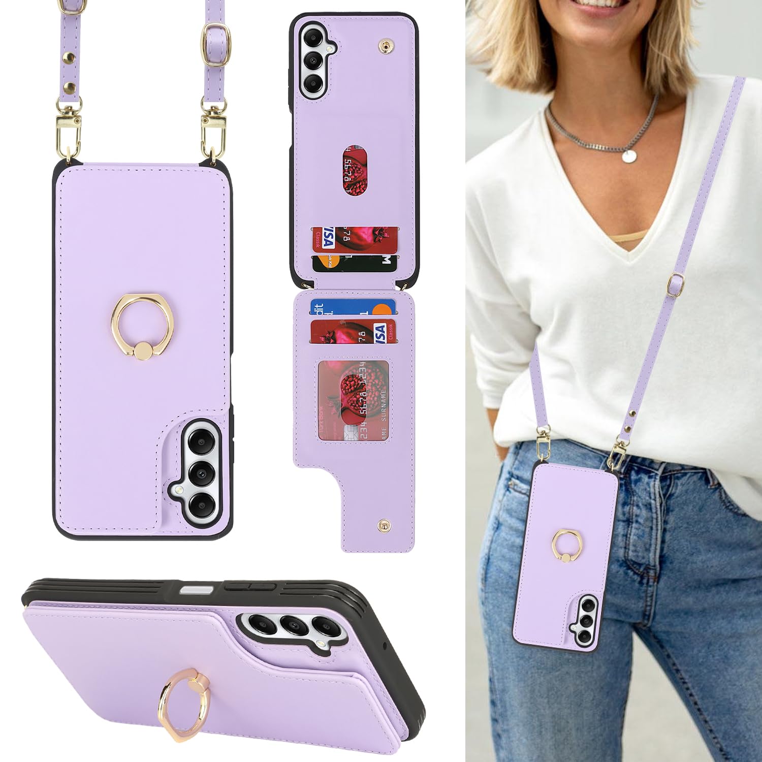 Lipvina for Samsung Galaxy A05s Case with Card Holder and Strap for Women,Crossbody Lanyard,RFID Blocking,Ring Stand,Snap Clasp,Phone Wallet Cases 6.6