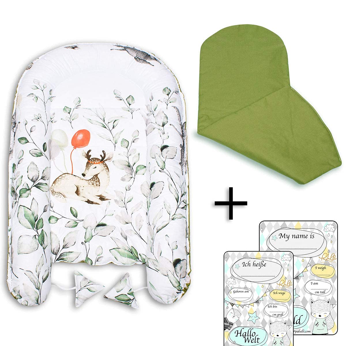 PaLulli 5 Parties Ensemble nid Douillet Comprenant nid bébé 90x50 Insert Amovible, Couverture Doudou, Oreiller Cervical, Oreiller Plat pour bébé, 100% Coton Oeko TEX (Bambi Oliv)