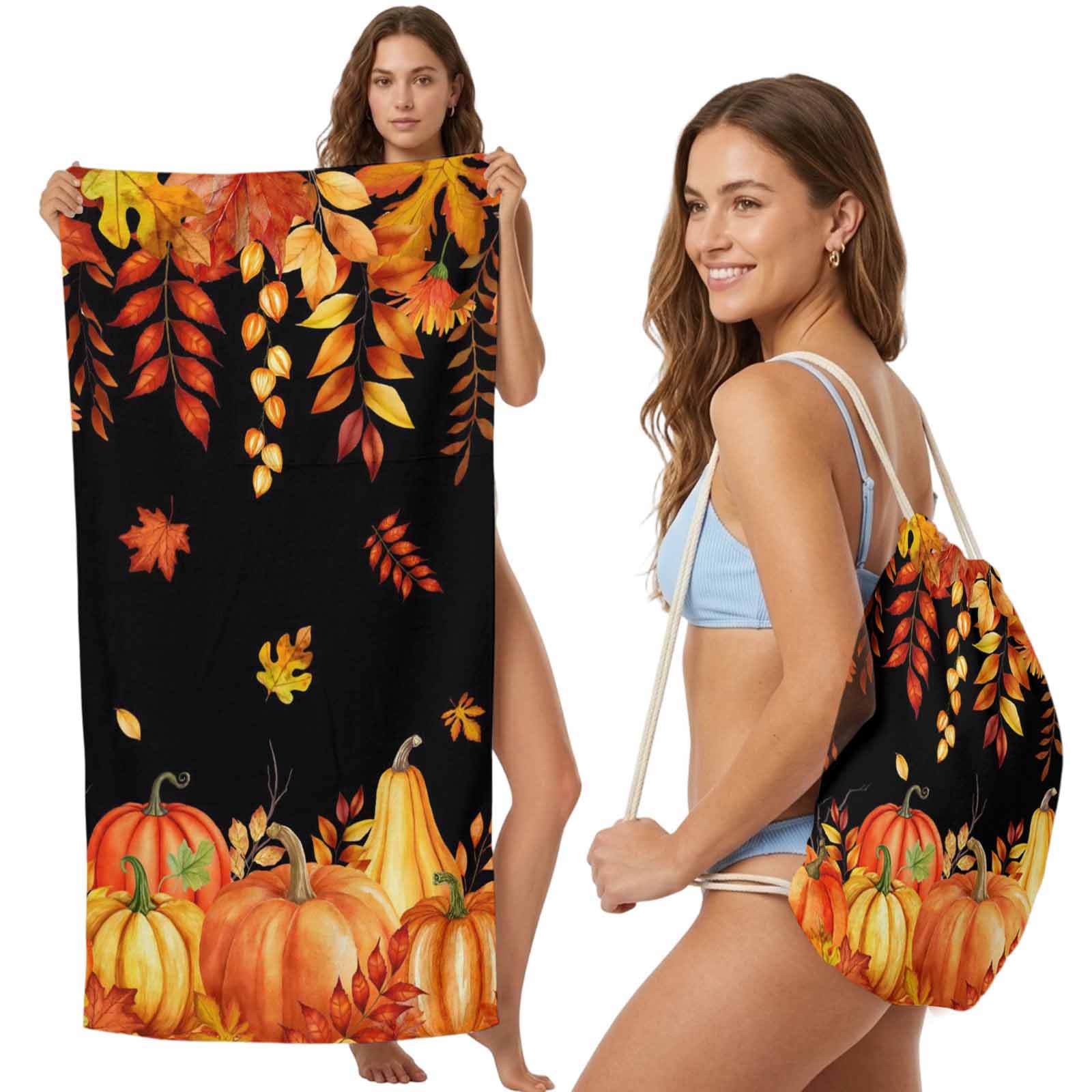 2-in-1 Beach Towel Backpack,Thanksgiving Farm Harvest Pumpkin Bath Towel with Built-in Storage Fall Maple Leaf on Black Convertible Foldable Beach Blanket for Travel Pool Gym Camping Swim,31x63in