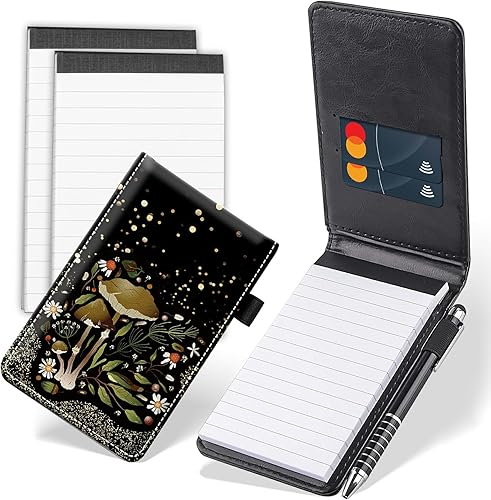 Juego de 4 mini bloc de notas de bolsillo, de piel sintética con purpurina de hongo, soporte para notas con 2 ranuras para tarjetas, 1 lápiz