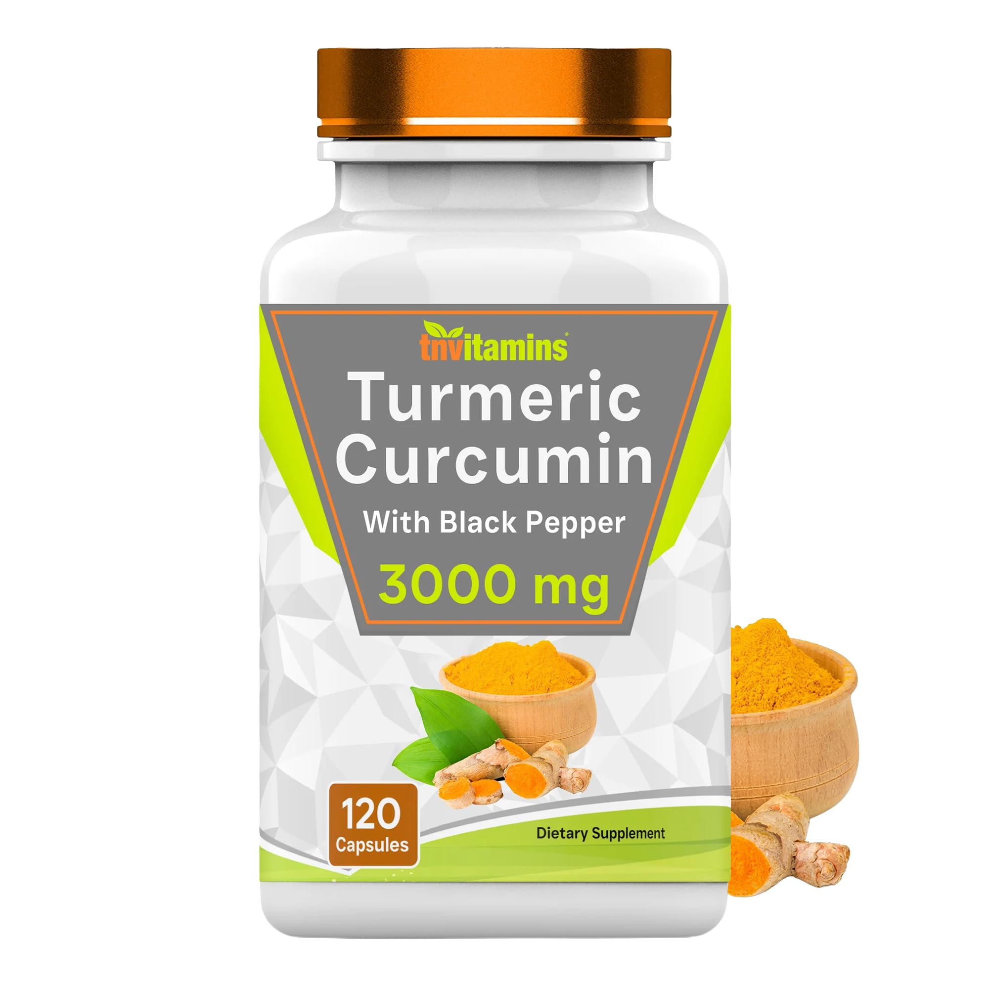 tnvitamins Turmeric Curcumin Capsules with Black Pepper | 3000 MG - 120 Capsules | Extra Strength Golden Turmeric Curcumin Supplement | Non-GMO | Produced in the USA 120 Count (Pack of 1)