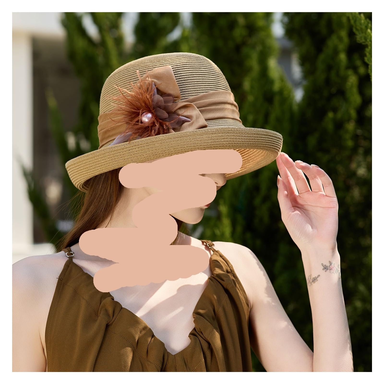 Generico Cappello da spiaggia for protezione solare intrecciato a mano for le vacanze, decorazione in seta e lino, visiera parasole con fiori di paglia