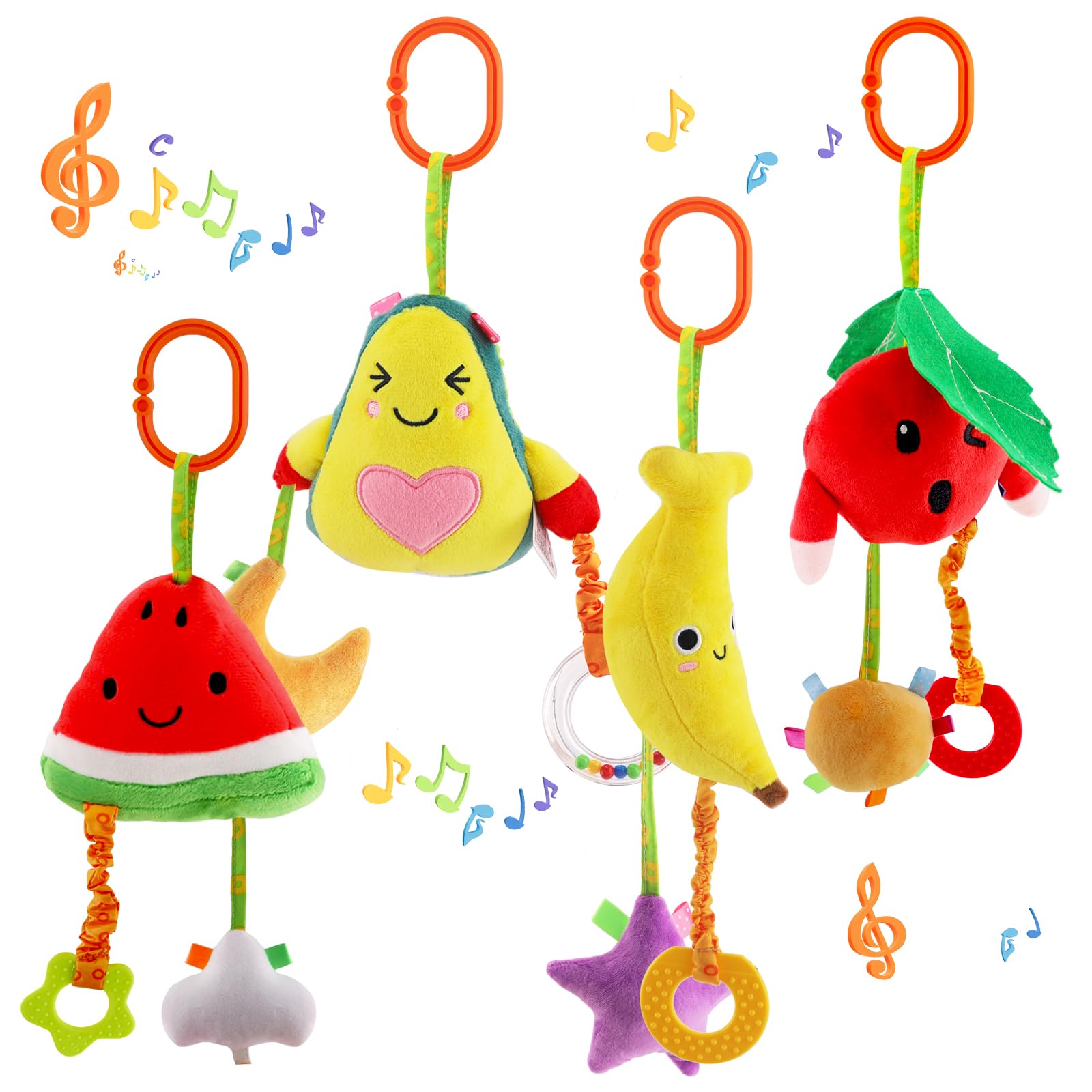 KAKIBLIN Baby Hanging Rattle Toys, 4 Pack Car Seat Stroller Baby Toys Soft Squeaky Toys for Newborn Infant Car Bed Crib Travel Activity, Banana and Avocado