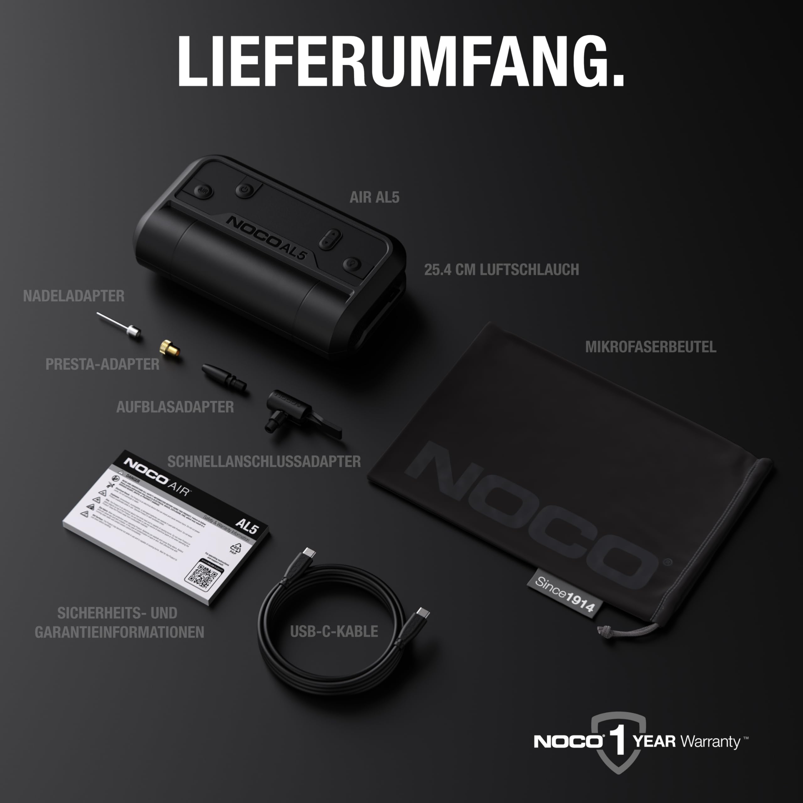 NOCO Air AL5: UltraSchnelle 5A Akku-Luftpumpe – Tragbarer Akku-Kompressor – 17 SLPM Luftstrom, 0–40 PSI in 7 Min – Digitales Manometer + automatische Abschaltung
