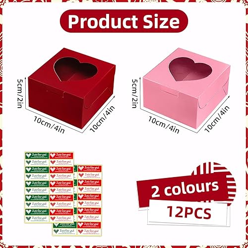Miniatura 2 de Paquete de 12 cajas en forma de corazón rojo y rosa de 4 x 4 x 2.6 pulgadas con ventana, caja de fresa para el día de San Valentín, boda,