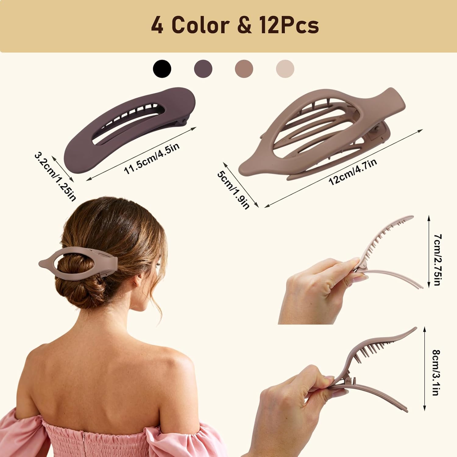 8 Pack Flat Hair Clips for Women – Matte Neutral Claw Clips & Flat Hair Pins Barrettes Set in Black, Blonde,Light Brown & Dark Brown for Thick & Thin Hair - Image 4