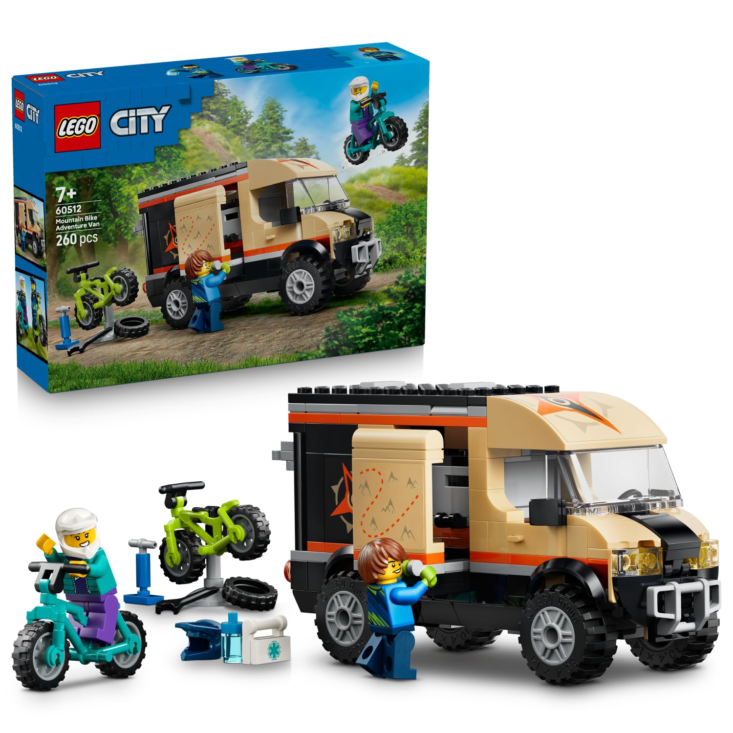 LEGO City Mountain Bike Adventure Van Toy - Model Kit incl. 2 Bikes & 2 Minifigures w/Helmets & Repair Accessories - Birthday Gift for 7+ Year Old Boys - 60512