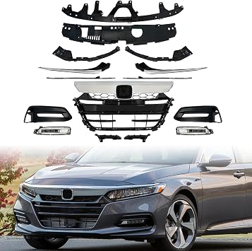 For Accord Bumper Grille Kit 16PCs Compatible with 2018 2019 2020 Honda Accord Front Upper Grill Radiator Cover Headlight brackets Molding Trim Bumper Brackets Fog Light Bezel Fog Lamps
