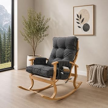 Ahşap Sallanan Sandalye TV Dinlenme Emzirme Baba Okuma Koltuğu Ergonomik Minderli Çift Cepli Füme