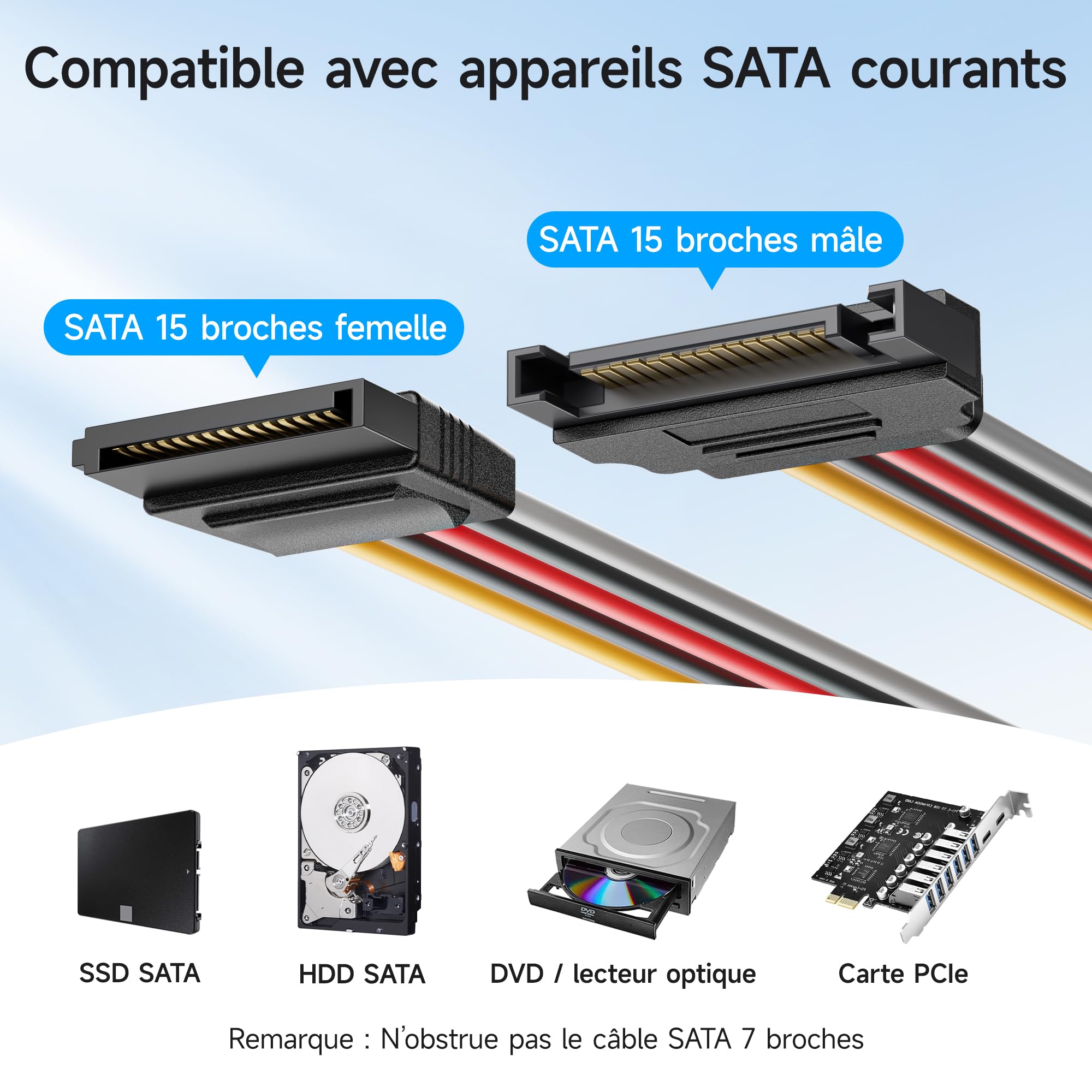 Lot de 2 câbles d'extension d'alimentation SATA, 15 broches mâle vers femelle, câble de disque