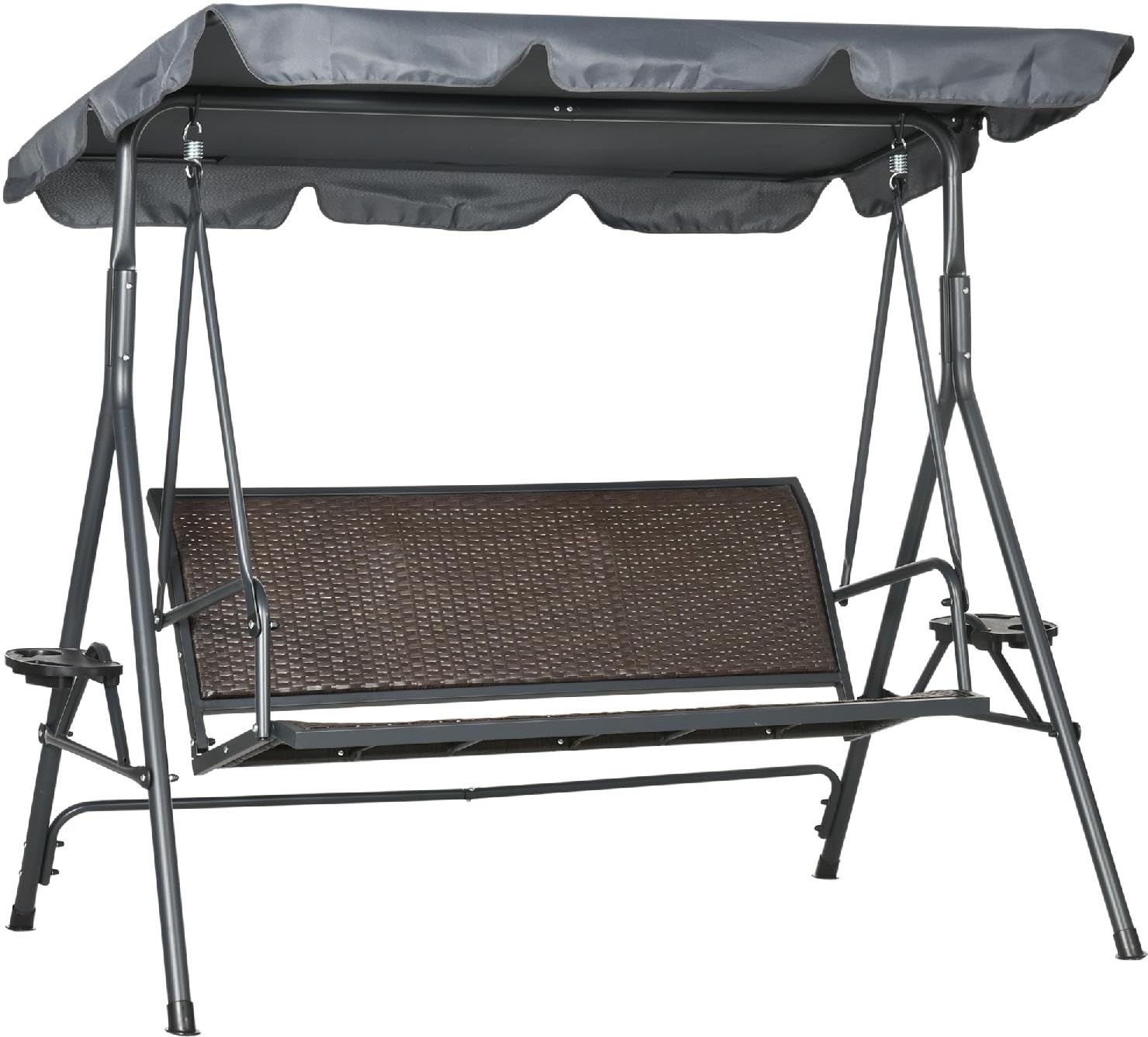 Dondolo da Giardino 3 Posti con Tettuccio Parasole e Portabicchieri in Acciaio/Poliestere/Rattan PE Dimensioni 204x112x150 cm Colore Grigio Scuro/Marrone