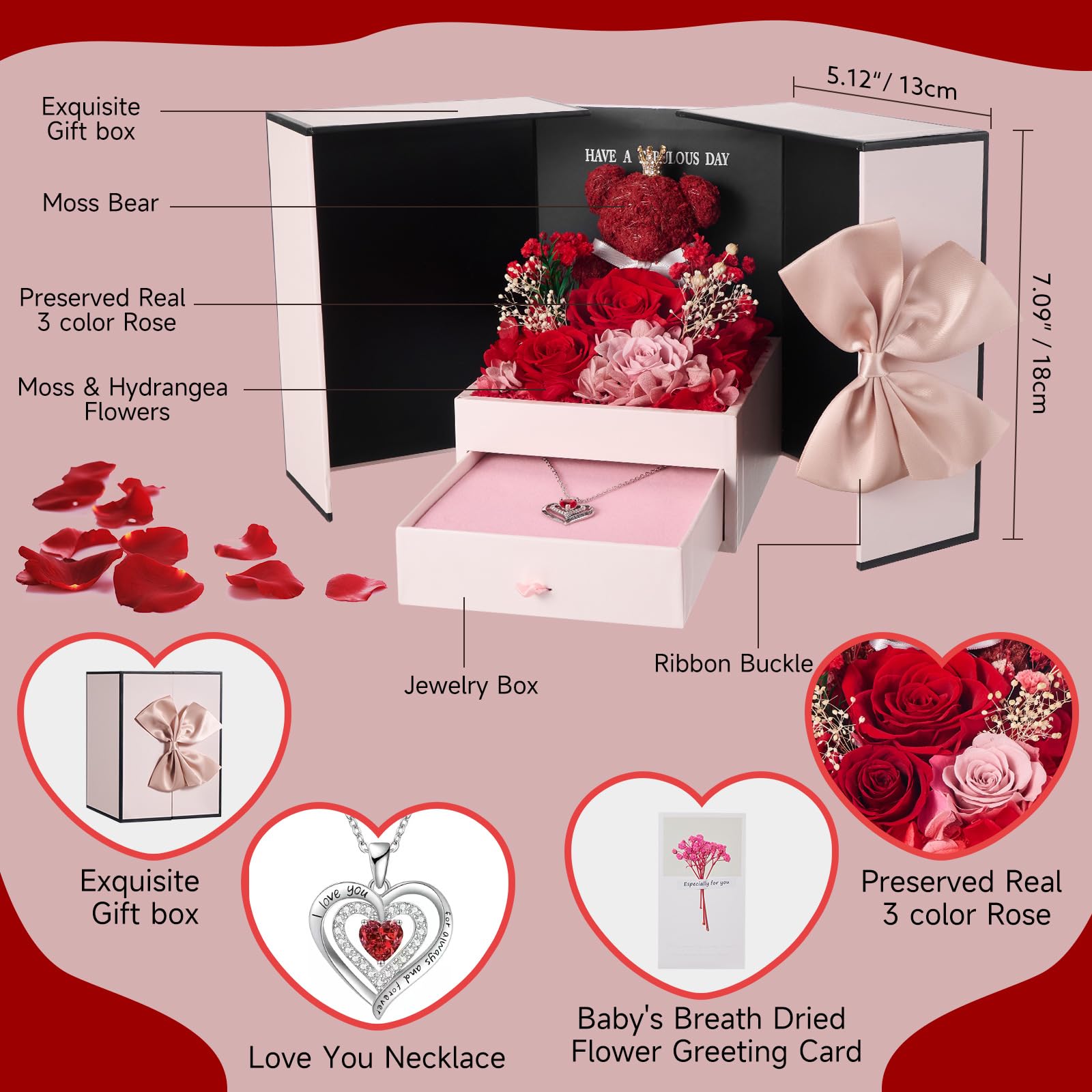 Rose Eternelle Cadeau pour Femme pour la Fête des Mères | Roses Uniques Conservées Fleurs avec Ours Rose et Collier Cadeaux pour Maman,Épouse,Grand-Mère | Anniversaire,Fête des Mères,Anniversaire