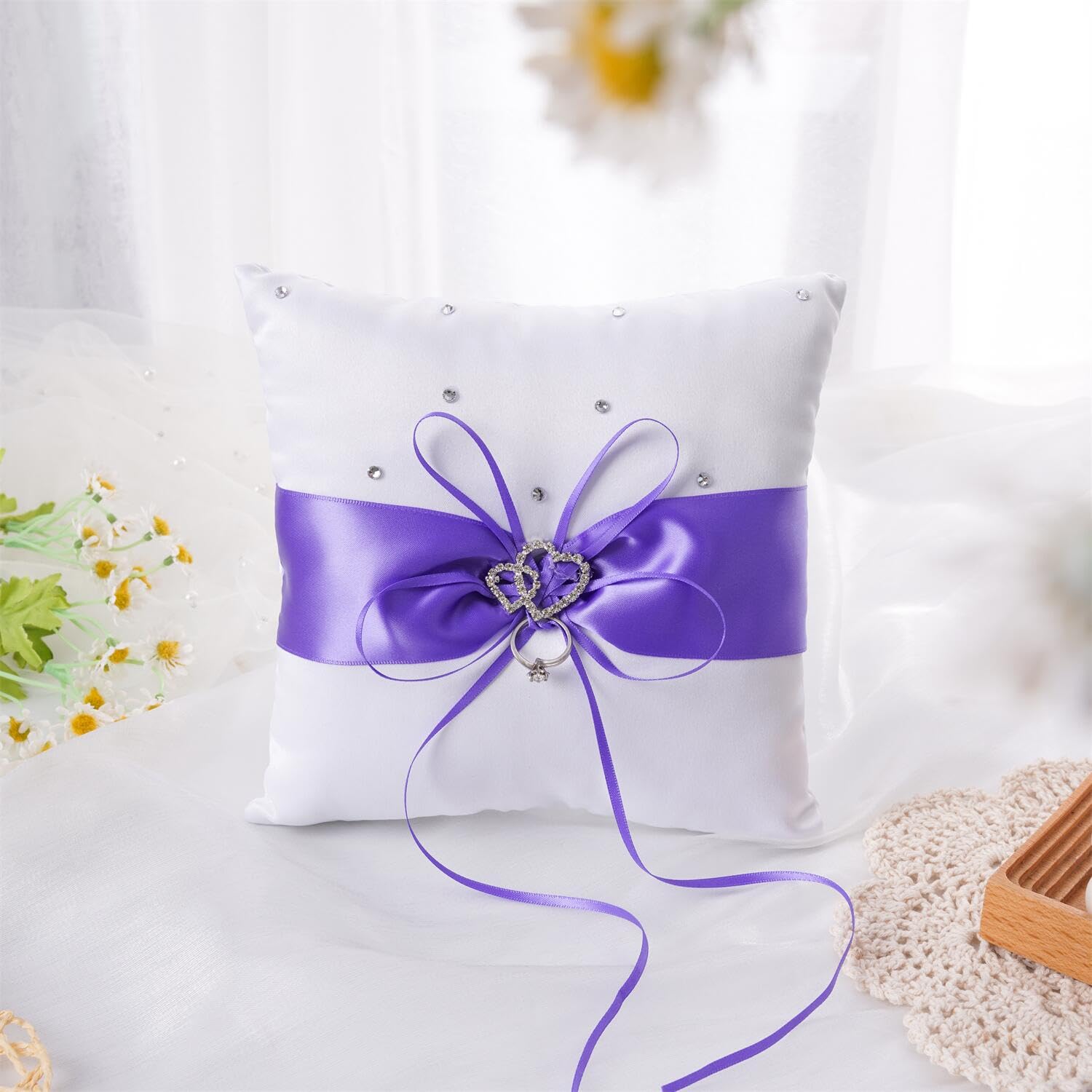 QIRMIZI Coussin pour alliances, coussin de perles, support de bague pour mariage, cérémonie de mariage, demande en mariage, violet