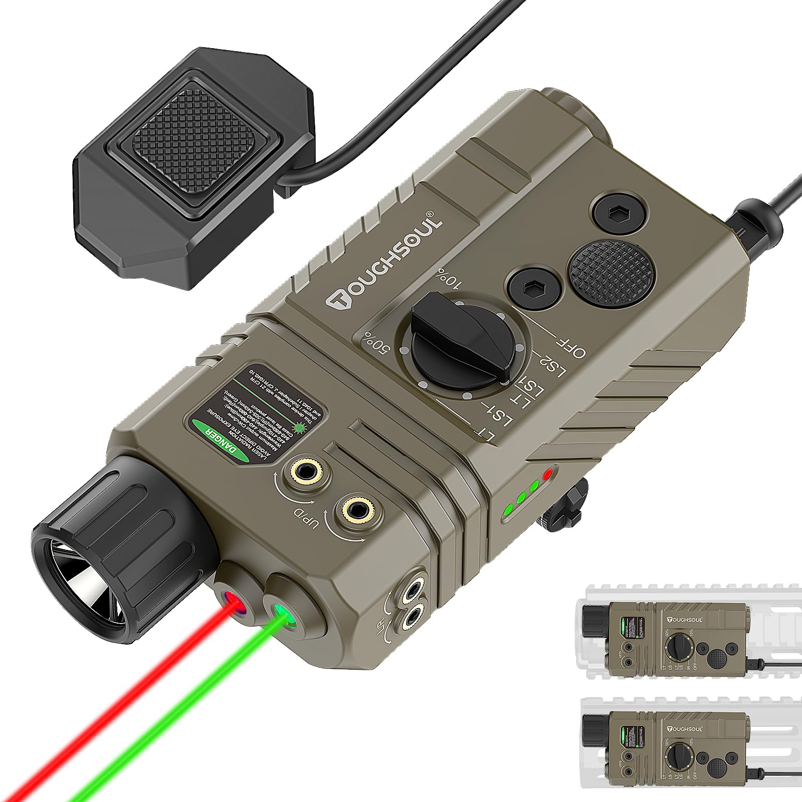 TOUGHSOUL Mlok and Picatinny Mounted Tactical Flashlight Green/Red Laser 3 in 1 Combo, 1600 Lumen Rifle Light with Remote Pressure Switch