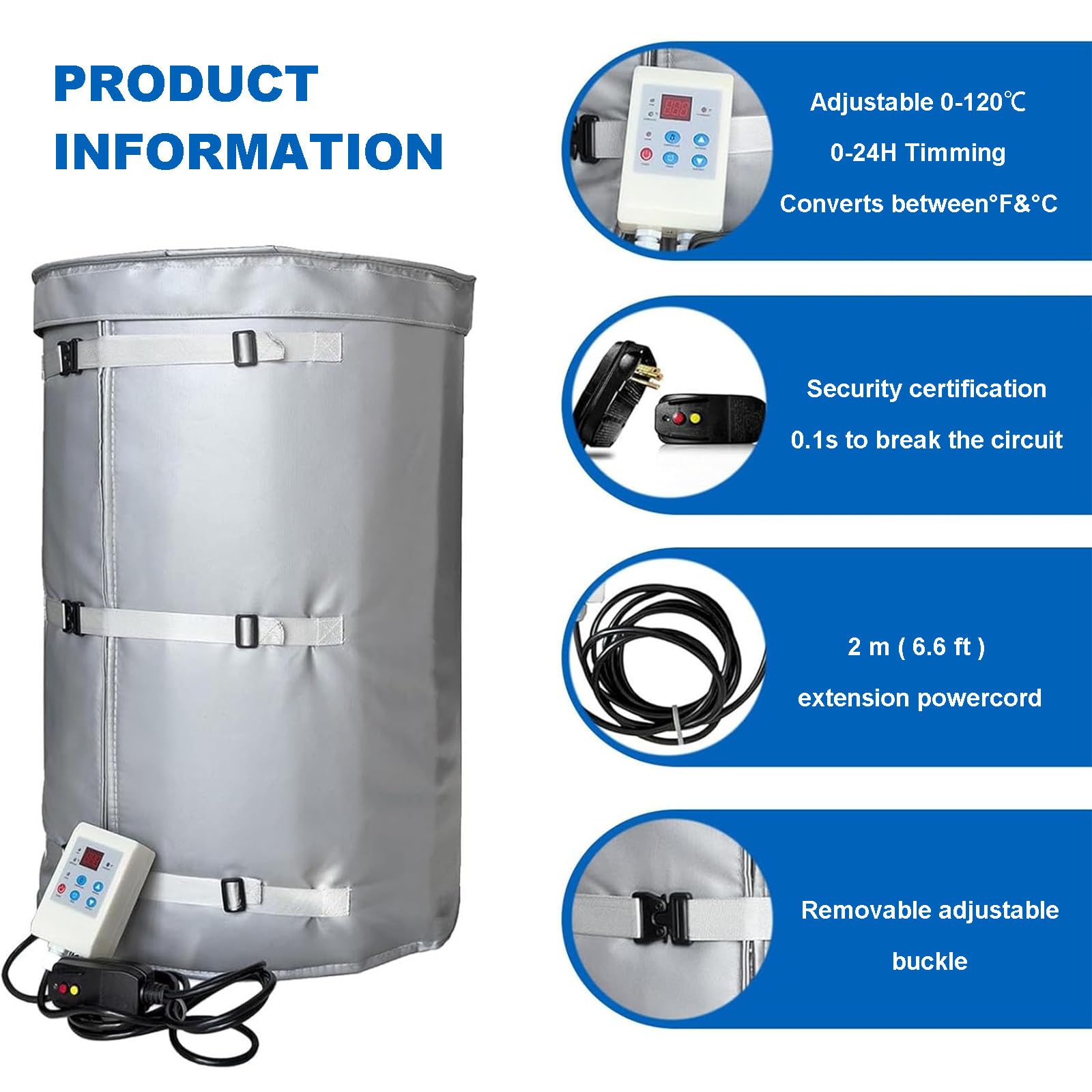Izolowany podgrzewacz beczek, koc grzewczy do beczek, podgrzewacz wiader 55 gal (200 l), podgrzewacz do beczek z miodem, koc grzewczy do butli gazowych 2000 W, regulacja temperatury Black