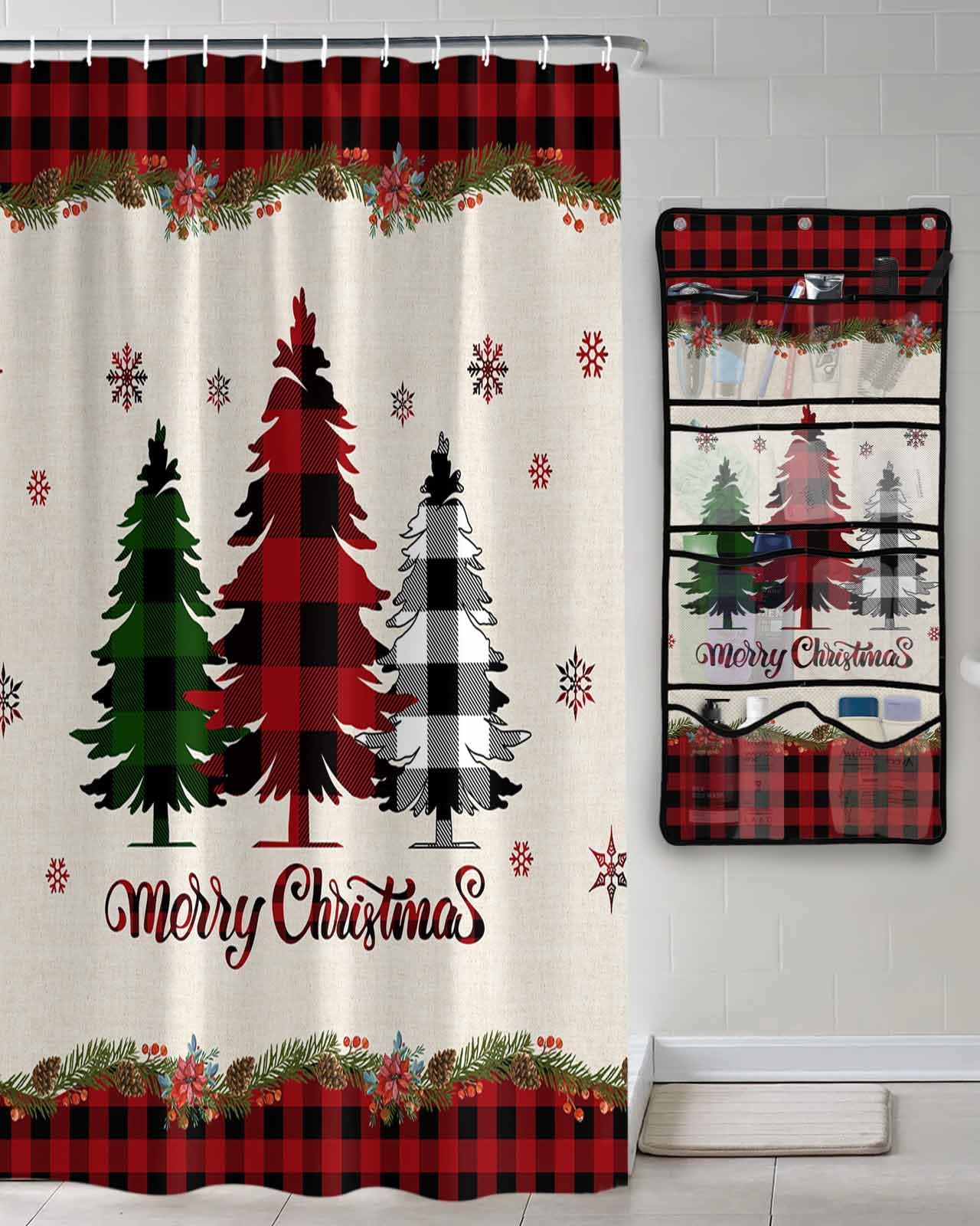 Shower Curtain Mesh Shower Organizer Hanging Set Merry Christmas Buffalo Check Plaid Tree Waterproof Shower Curtains with 10