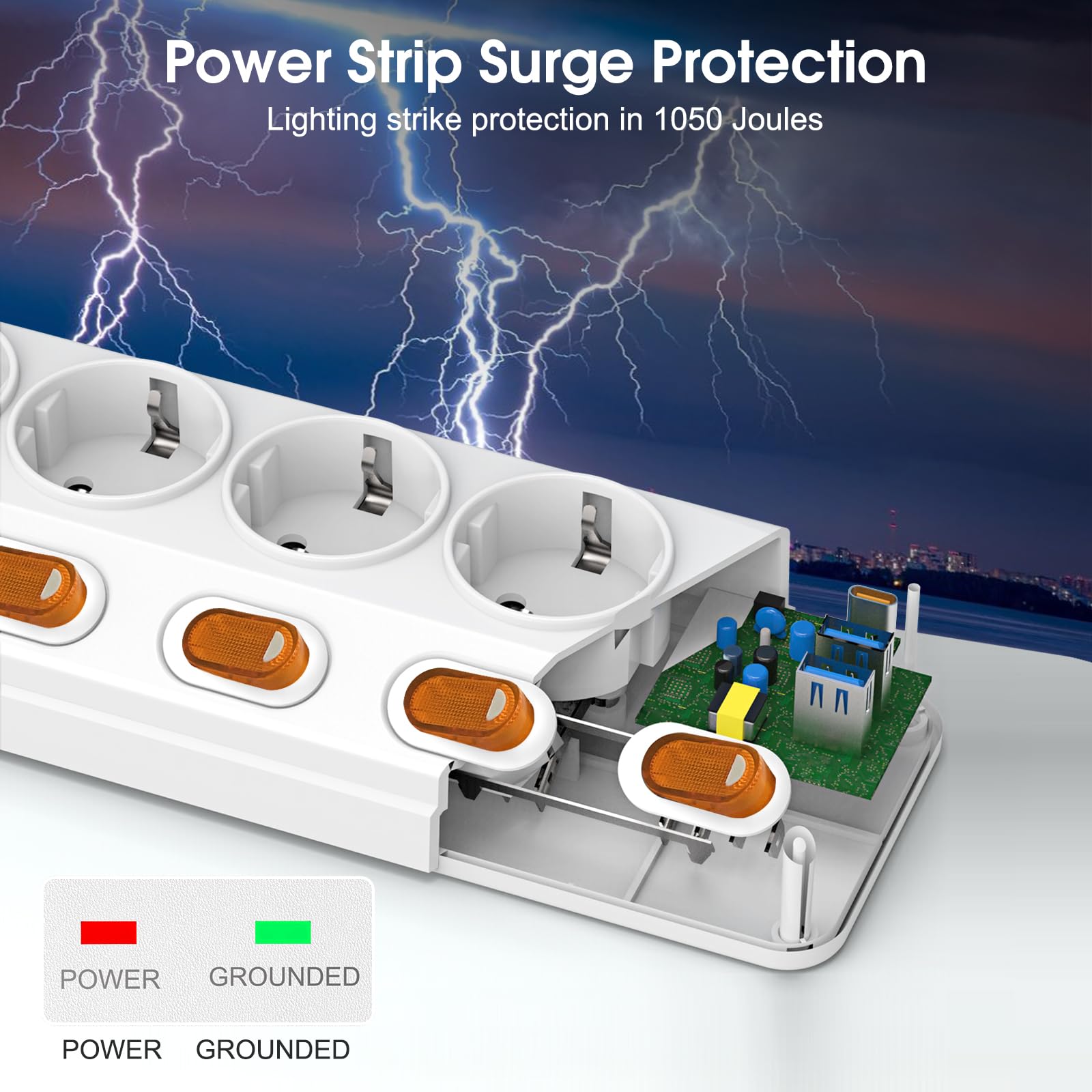 Regleta Enchufes con USB,Regletas Enchufes de 6 Tomas Corrientes,2 Puertos | USB-A y 1 USB-C(PD 20W),Enchufe Multiple 3680W/16A con interruptores individuales y Protección Infantil,Cable de 3M,Blanco