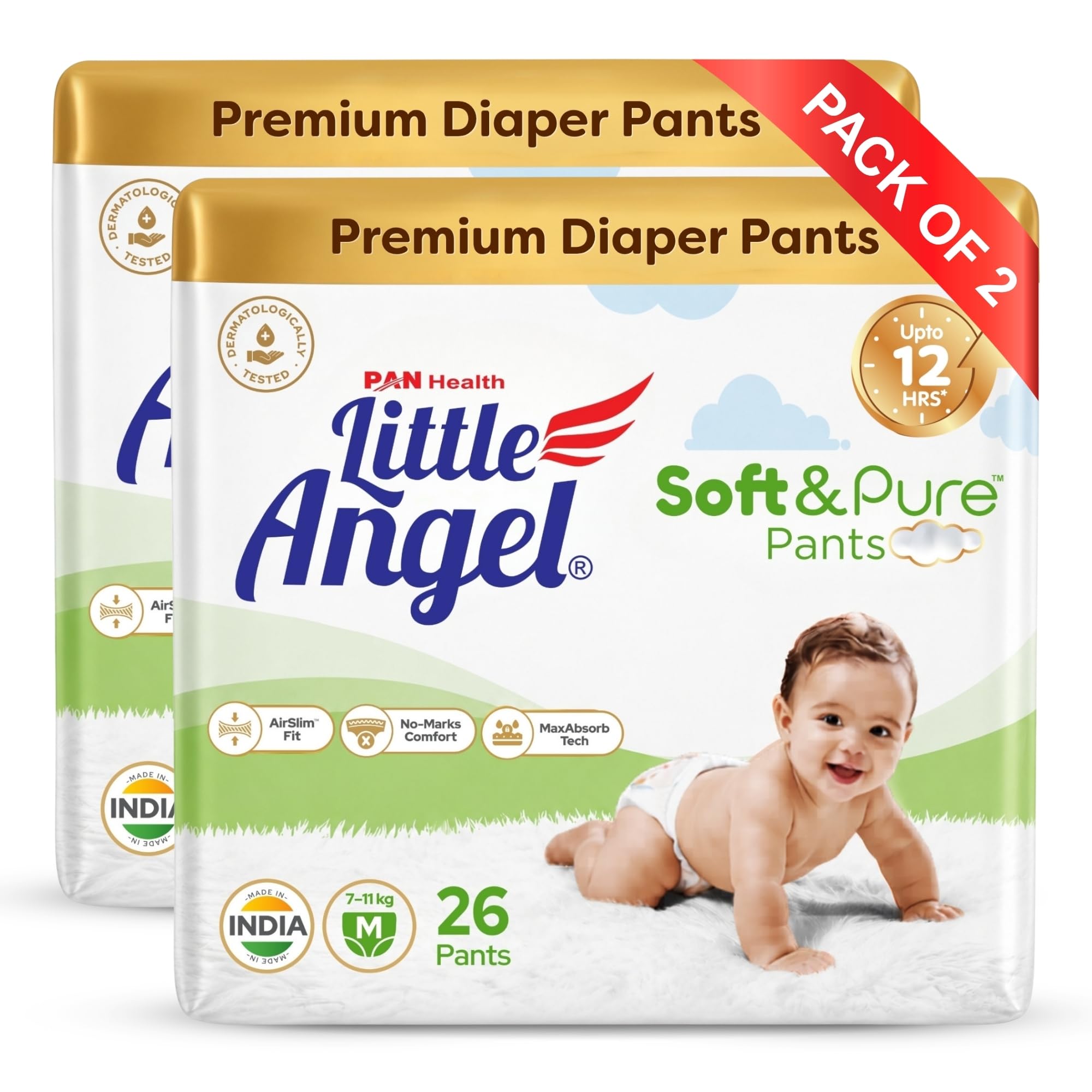 Little Angel Soft & Pure Baby Diaper Pants | 12 Hours Absorption | Calendula Infused Rash-Free Comfort | Breathable AirSlim Fit & Dermatologically Tested | Medium (7-12 kg) - 52 Pieces-image-44