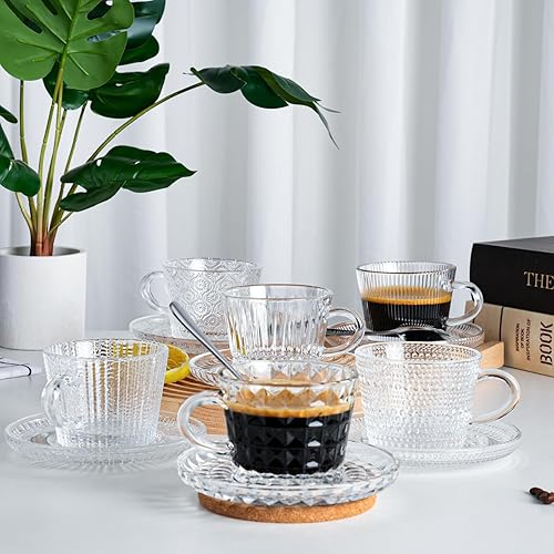 Miniatura 4 de Juego de 6 tazas de cristal para café espresso con platillos, taza demitasse pequeña transparente con cucharas de acero inoxidable, tazas de café