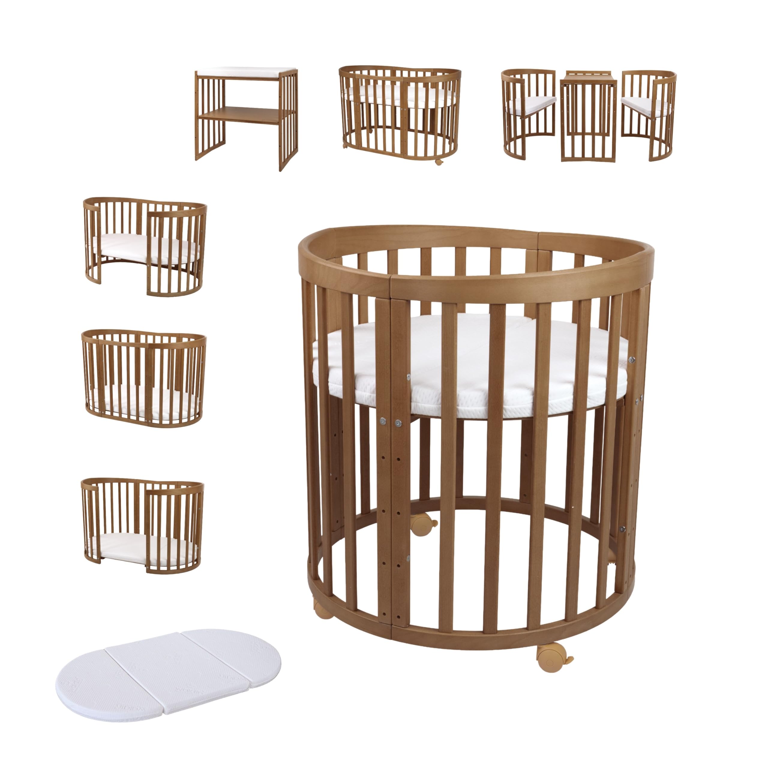 Waldin Oval Baby-Bett Mitwachsend Komplett Set 7in1: Gitterbett, Kinderbett mit Matratze, Wickelkommode, Beistellbett, Holz Vintage