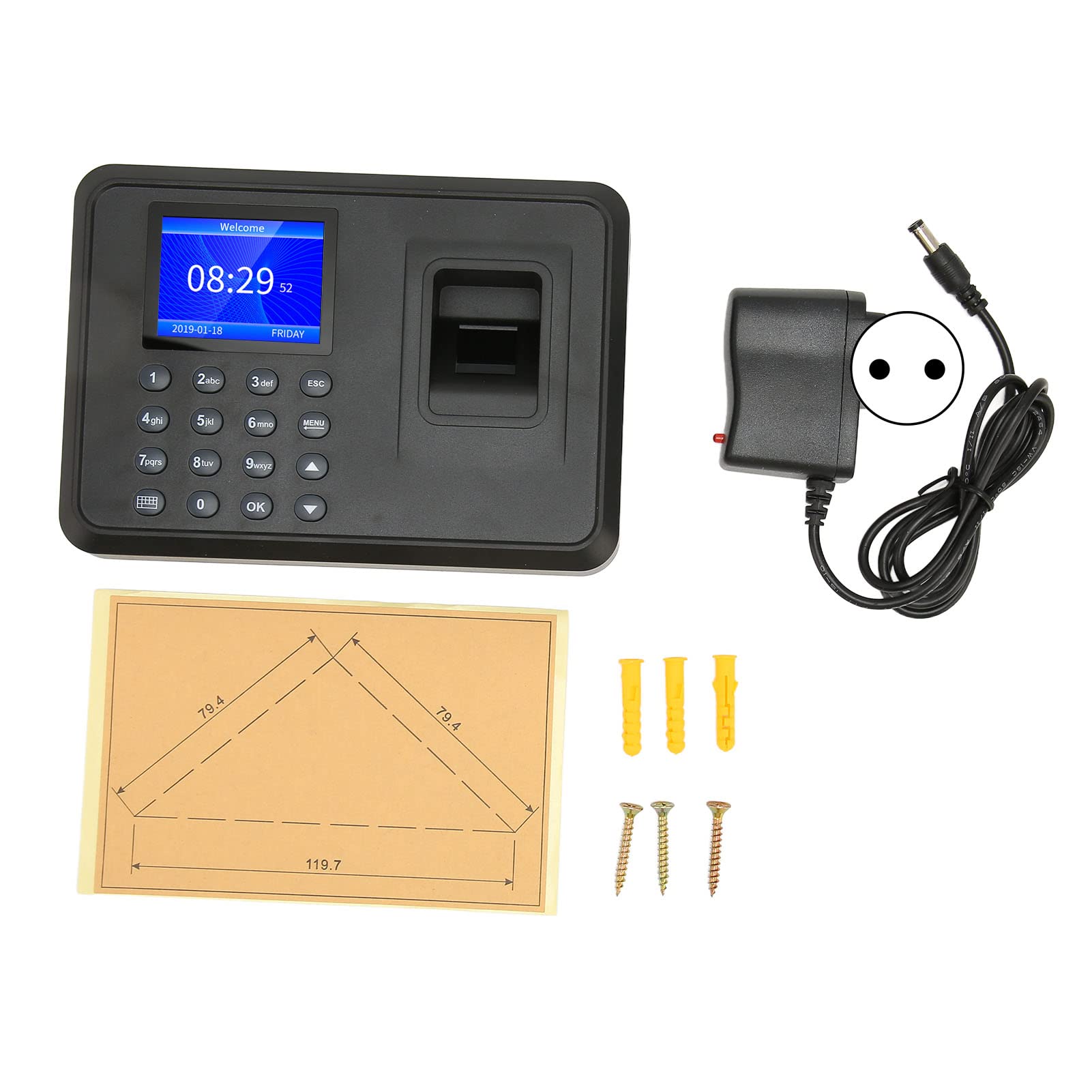 Macchina Biometrica per la Rilevazione delle Presenze dei Dipendenti, Orologio con Impronte Digitali con Schermo LCD da 2,4 Pollici 1000 Utenti, Macchina Biometrica per la (Spina