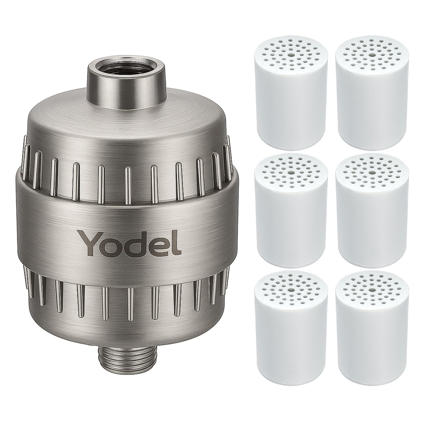 Yodel Duschfilter mit 6 Kartuschen – Hartwasserenthärter, 99 % entfernt Chlor und Verunreinigungen, verbessert Haut- und Haarzustand, universelle Passform für Duschköpfe, gebürstetes Nickel