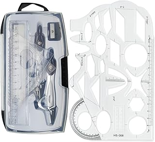 Geometry Compass & Function Math Ruler Set, Educational Supplies wiht 2 Types Drawing Compasses, Maths Protractor Set, Ruler Set, Pencil, Eraser, Sharpener for School, Engineers