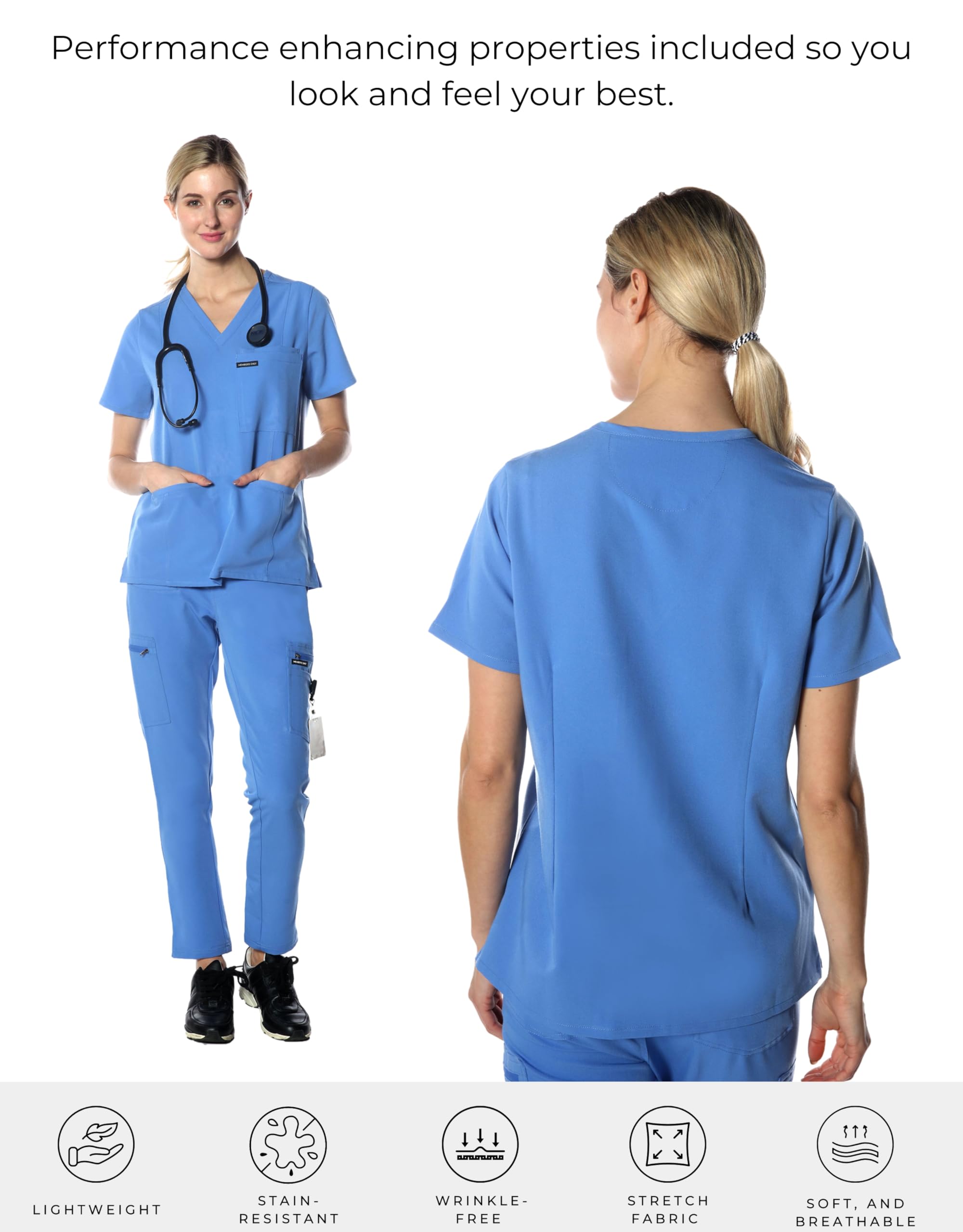 Members Only Women's Siena Scrub Top with 5 Pocket | Hospital Uniform|Nursing Scrubs| Pull On Closure Shirt (Ceil Blue, Large)