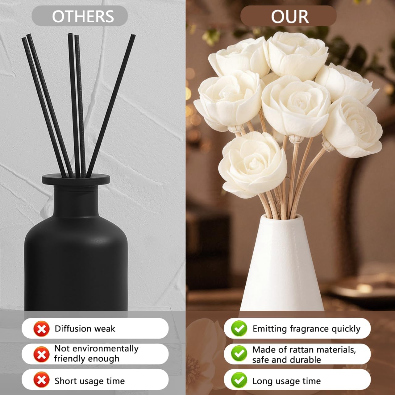 10 Pack Rattan Reed Diffuser Sticks Aromatherapy Sticks with Faux Peony Flower Head Essential Oil Diffuser Reeds for Home Office Bedroom Decor 8.66 X 1.77 X 1.77 in