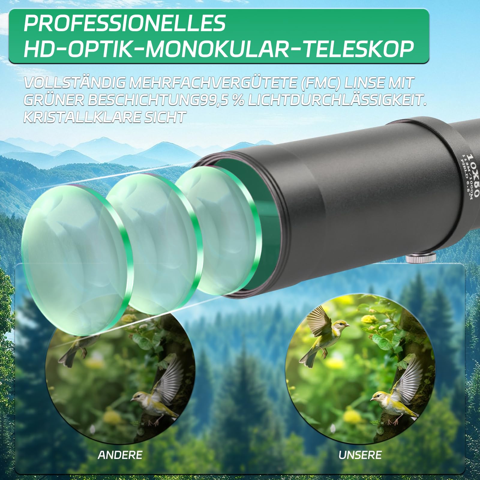 Monokular 10x50 FMC – Wasserdichtes Fernrohr mit Metallgehäuse für Vogelbeobachtung Outdoor Reisen