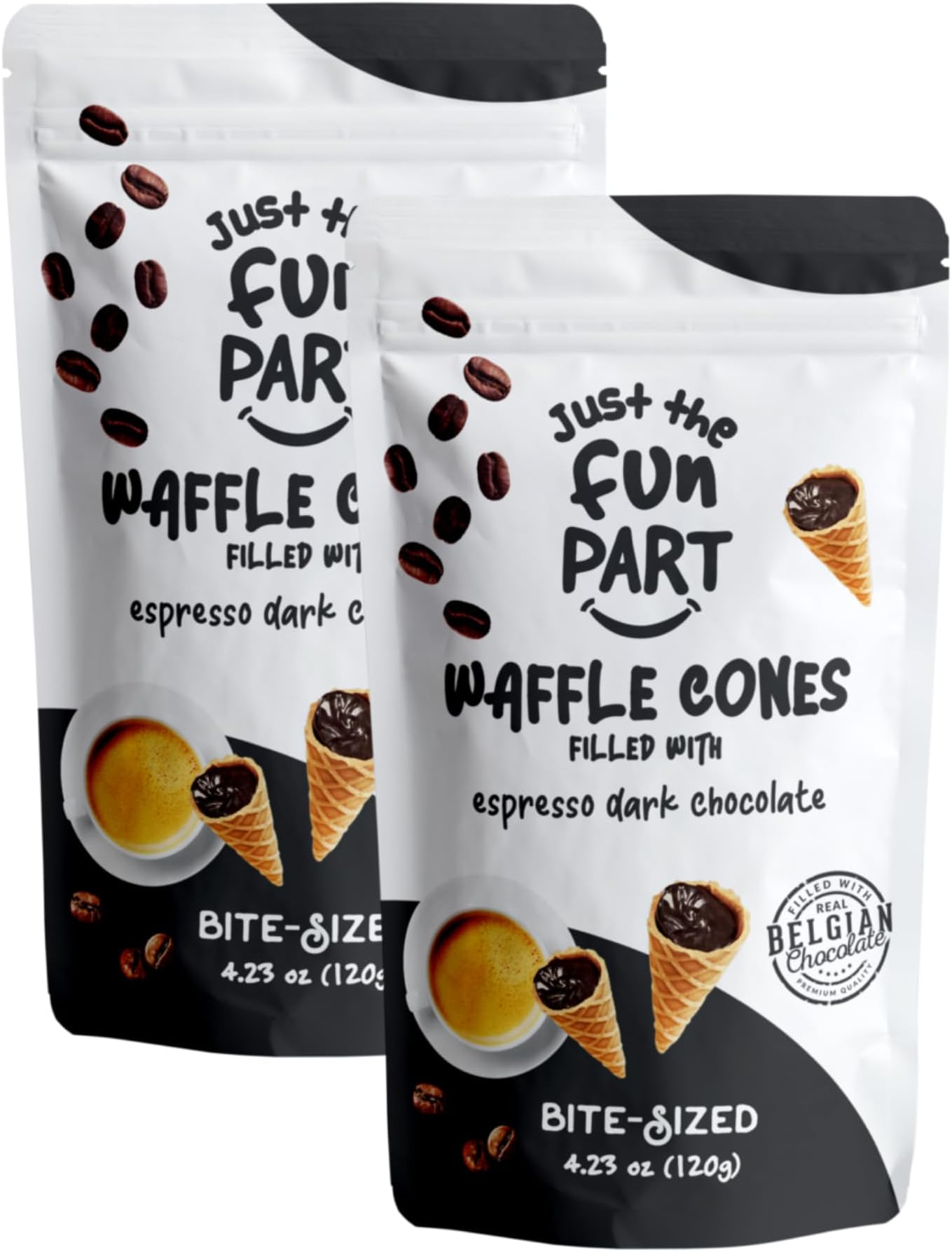 Just The Fun Part | Bite-Size Crispy Mini Waffle Cones | Filled With Premium Belgian Chocolate | Great For Snacks, Desserts, Grab & Go | Kosher | 4.23 Ounce (Pack of 2, Espresso, Dark Chocolate)