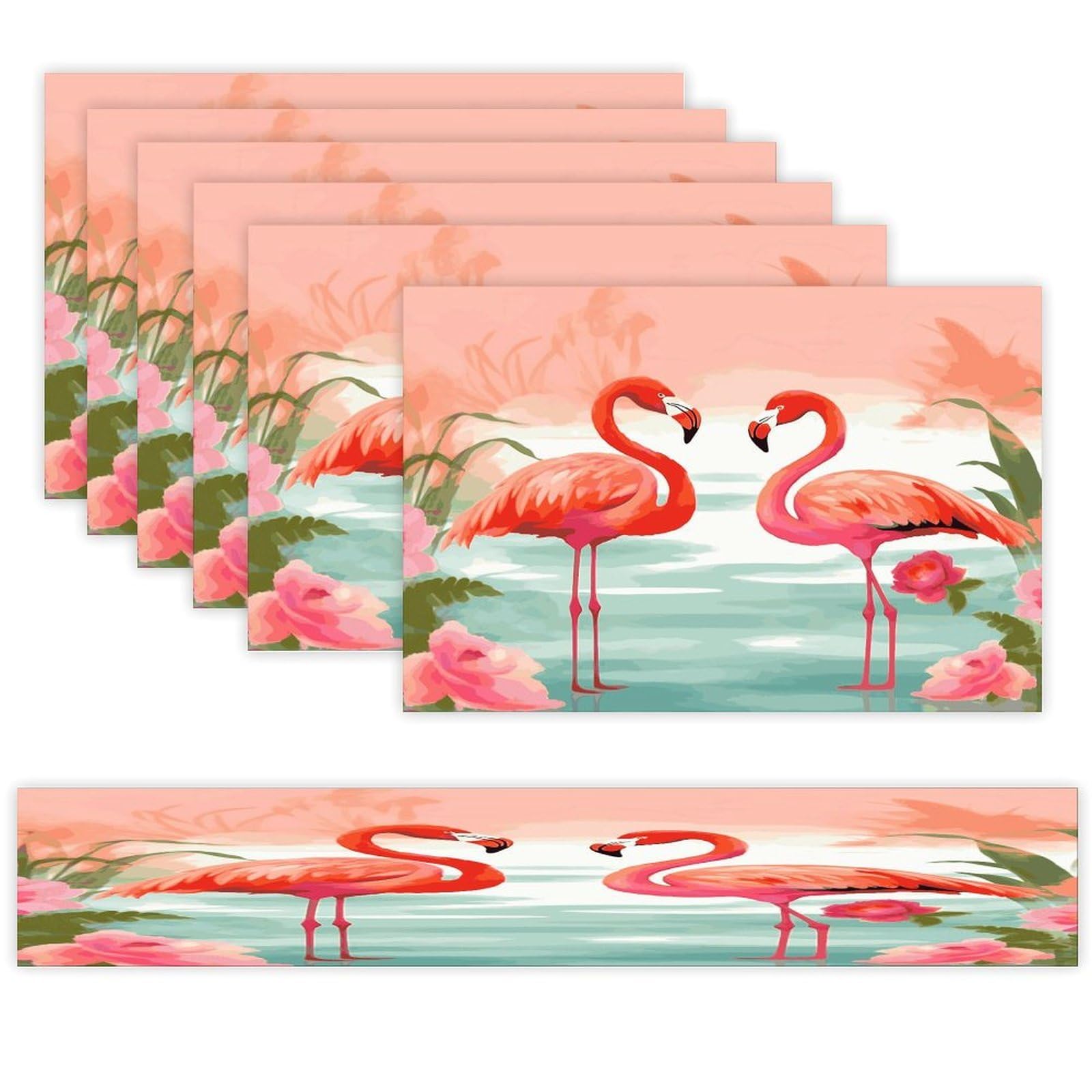 Two Red Flamingos Table Runner and Placemats Set of 6 Wipe Clean Heat Resistant Table Mat with Table Runner Decorations Flax Linen Place Mat Set for Home Kitchen Party Supplies