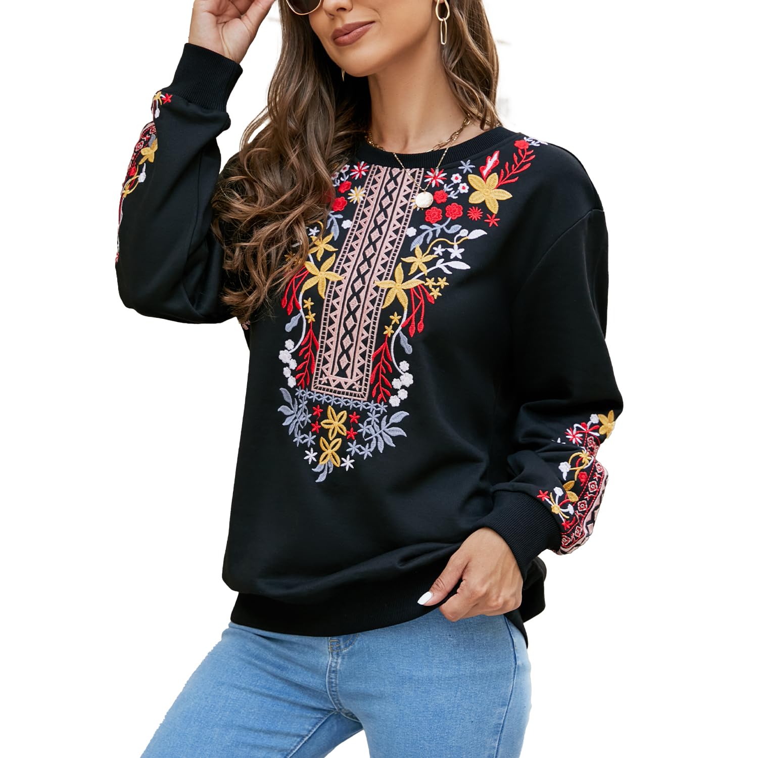 Damen Sweatshirt Langarm Winter Rundhals Pullover mit Stickerei Casual Oberteile Tops