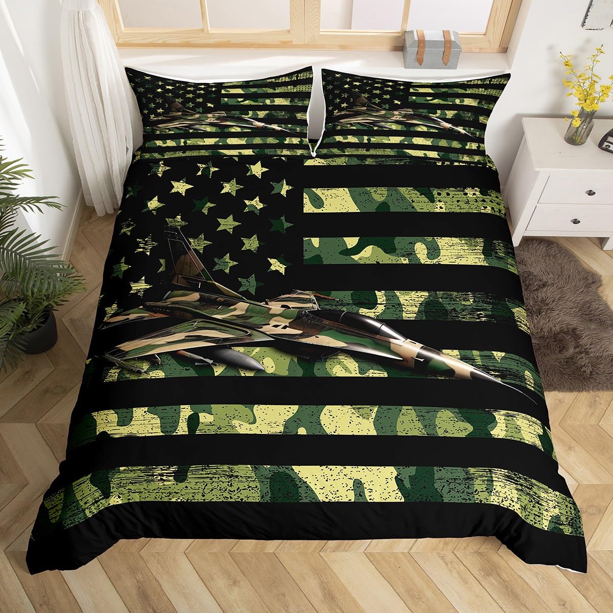 Aircraft Duvet Cover Set Super King Size, Army Camouflage Airplane Comforter Cover with 2 Pillowcases, Green Camo American Flag Bedding Set 3pcs for Kids Boys Room Decor Lightweight Bedspread Cover โ image 1
