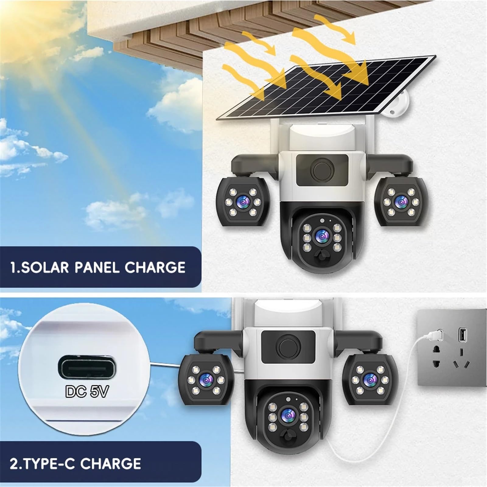 Wifi Security Cameras 3 Lens 3 Screen 10X Zoom Solar Outdoor Camera Waterproof Night Vision CCTV Security Protection(3MP 5X Camera)